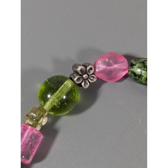 Green Pink Glass Bead Flower Toggle Bracelet Boho Festival Beachy 7" Star - Picture 5 of 9